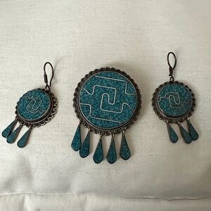 Vintage Mexico Turquoise and Sterling Silver brooch/ pendant Dangle Earrings Set